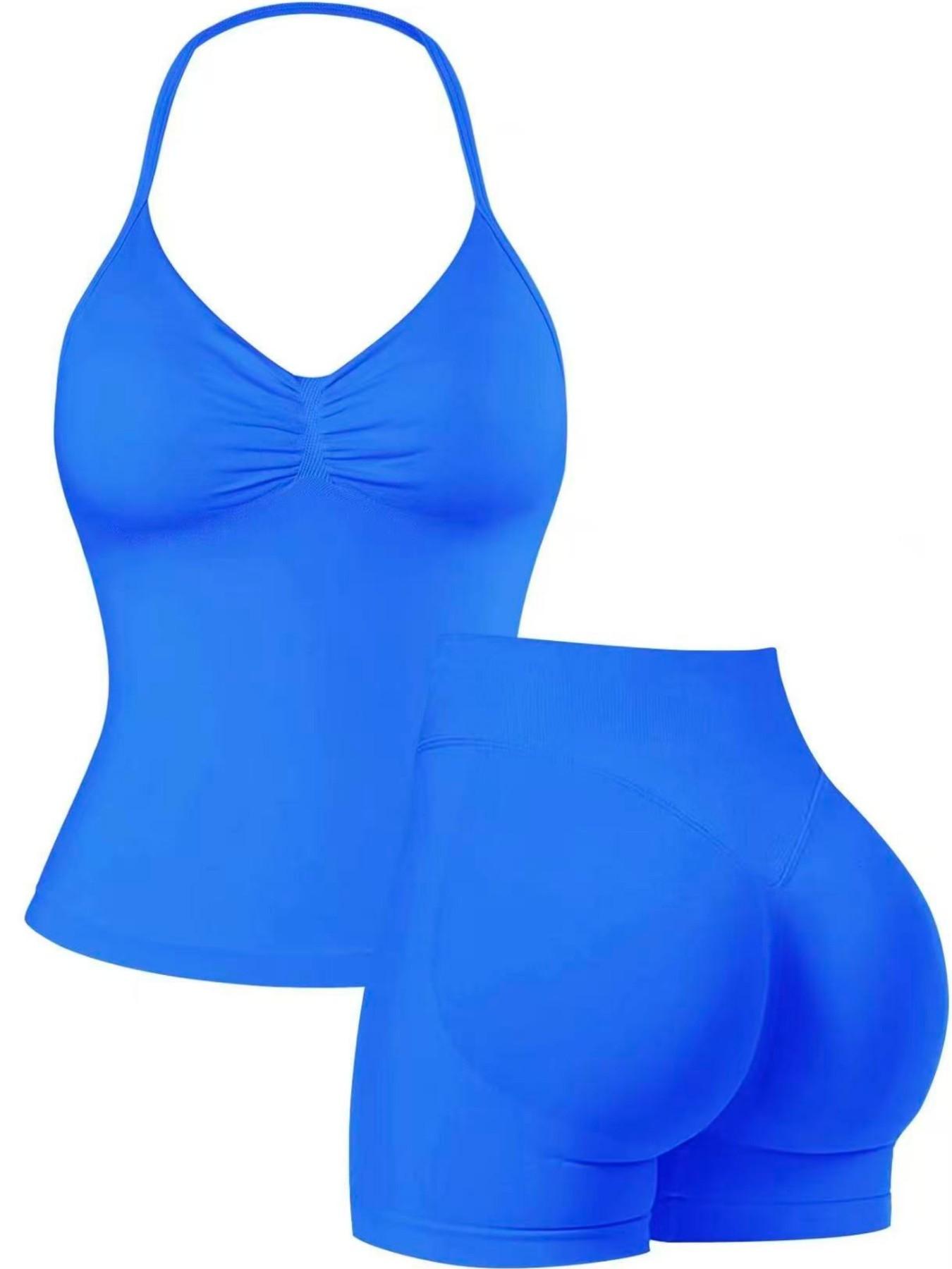 Women's Upgraded Square Neck Halter Sports Tank Top and High Waist Shorts Sporty Set, Sportswear, Yoga Clothes, Perfect for Yoga Fitness Party