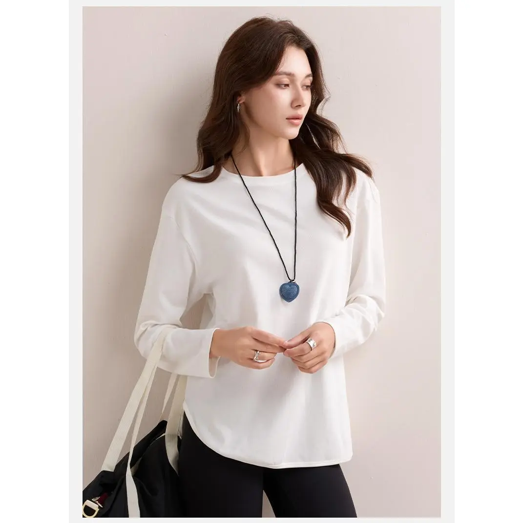 Women’s Lyocell Cotton Long Sleeve T-Shirt, Relaxed Fit Crew Neck Stretchy Lightweight Layering Top, Soft Breathable Casual Everyday Tee