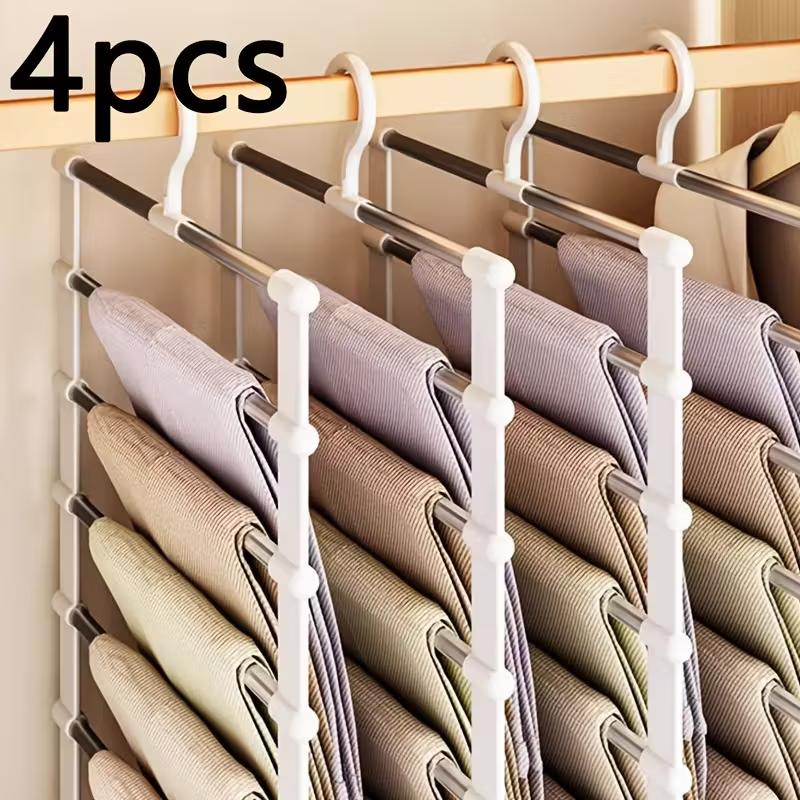 4pack Foldable Multi-Layer Pants Hanger, Stainless Steel Non-Slip Closet Organizer, Space Saving, Adjustable Shelves and Hooks, Durable Plastic Structure