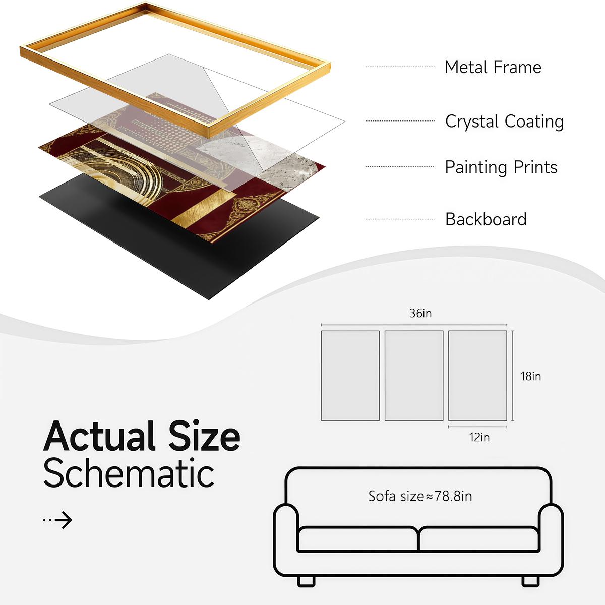 3 Counts Aluminum Alloy Framed Painting, Abstract Geometric Gold And Burgundy Art, Home Decoration For Living Room, Bedroom, Office, Restaurant, Hallway Wall Decor, Odorless Print Artwork, Luxury Perfect Gift For Friends And Family