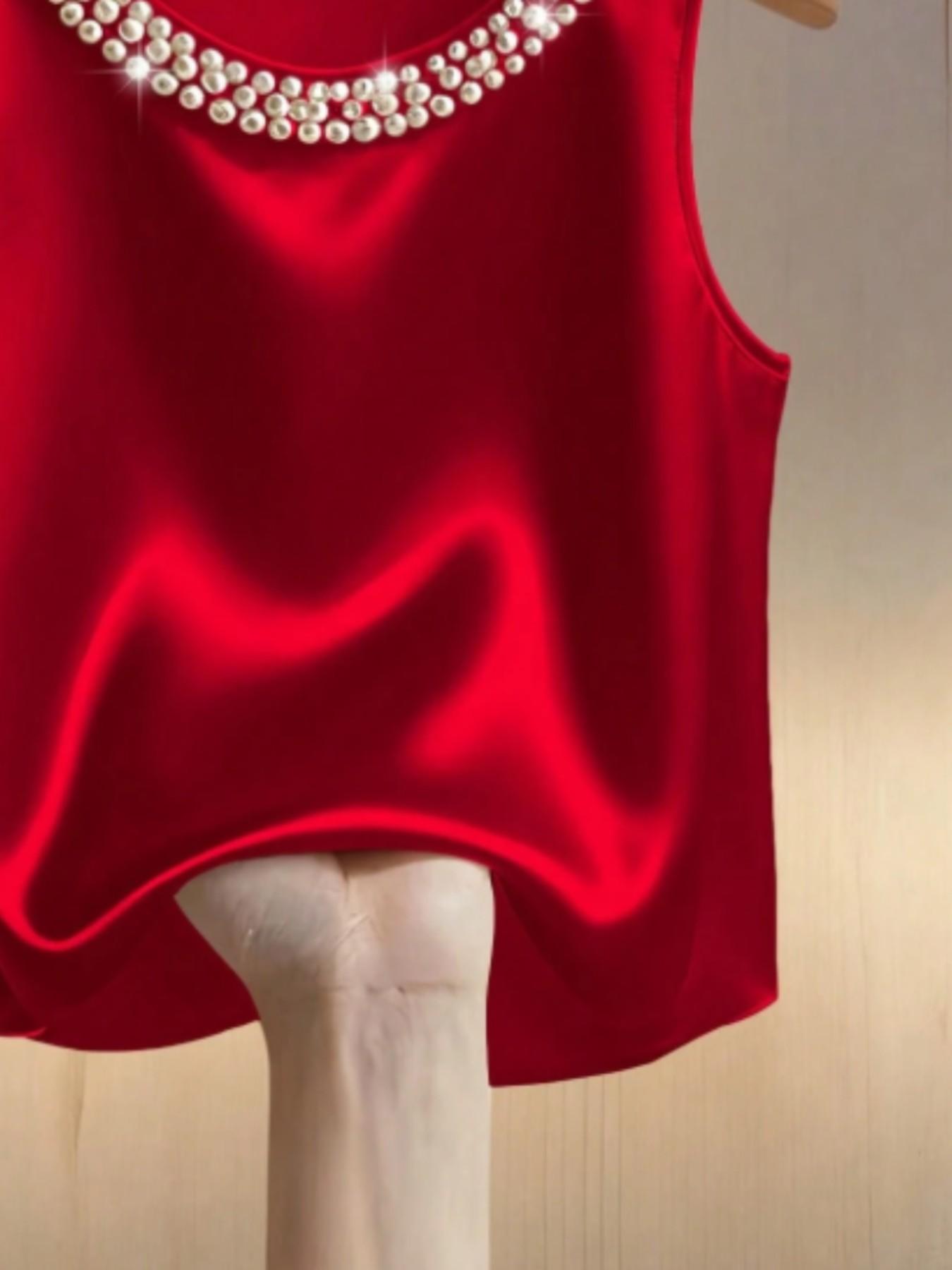 Women's Plain Pearl Round Neck Simple Fashion Minimalist Vest Top, Casual Fitted Sleeveless Blouse, Stylish Daily Wear Clothing