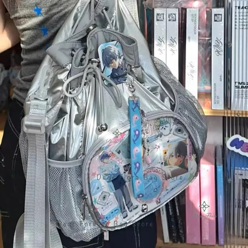 Y2K Silver Casual Ita Backpacks Large Capacity Rucksacks Cute Girl Transparent Display Knapsack Teenage Trendy Travel Schoolbags