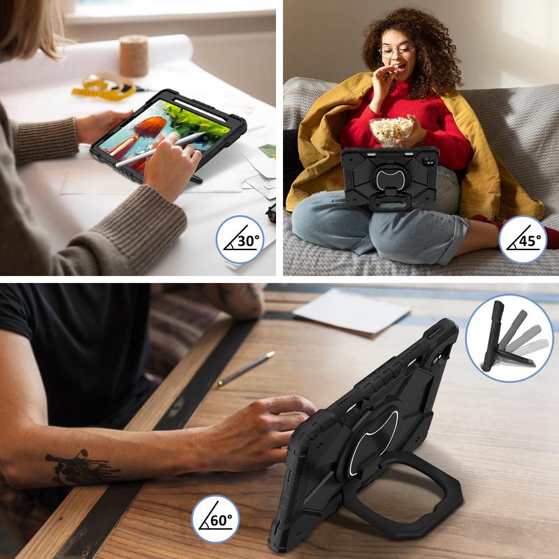 Military-Grade Shockproof Case for iPad Pro (M5) 2025 , Compatible with iPad (A16) 11th/10th / iPad Air / iPad Mini - Rotating Stand with  Pencil Holder & Shoulder Strap - Heavy Duty Drop-Proof Cover for Kids/Adults - Black