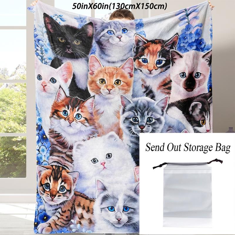 Room Decor Cat Pattern Flannel Blanket with Storage Bag, Soft Warm Napping Throw Blanket , Cozy Bedding for Office, Rest Blanket for Air-conditioned Room, Gift for Friend, Bedroom Accessories, Travel Essentials, Cartoon Pattern Blanket