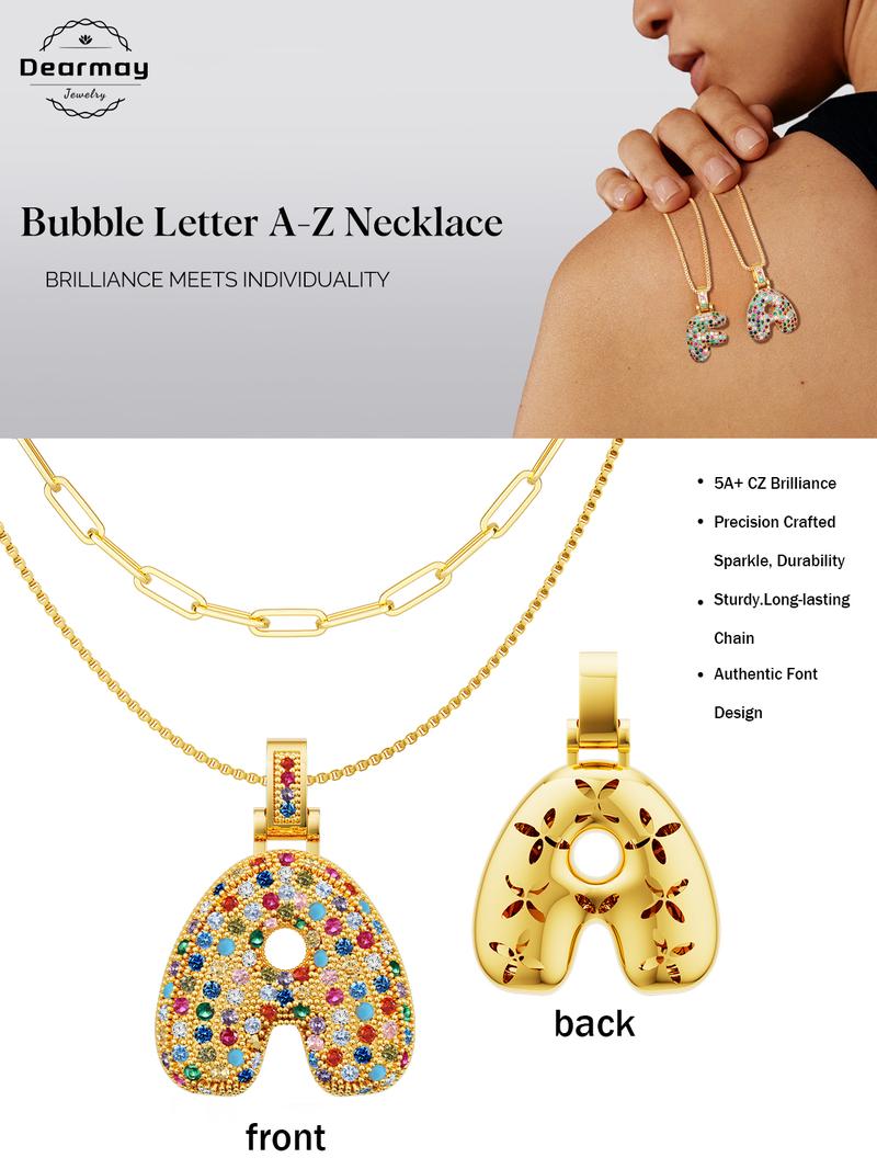 DEARMAY  Bubble Letter Necklace, Colorful Boho Balloon Initial Pendant Box Chain Necklace Dainty Pave CZ Jewelry Gift for New Year  2025 Spring Gift.