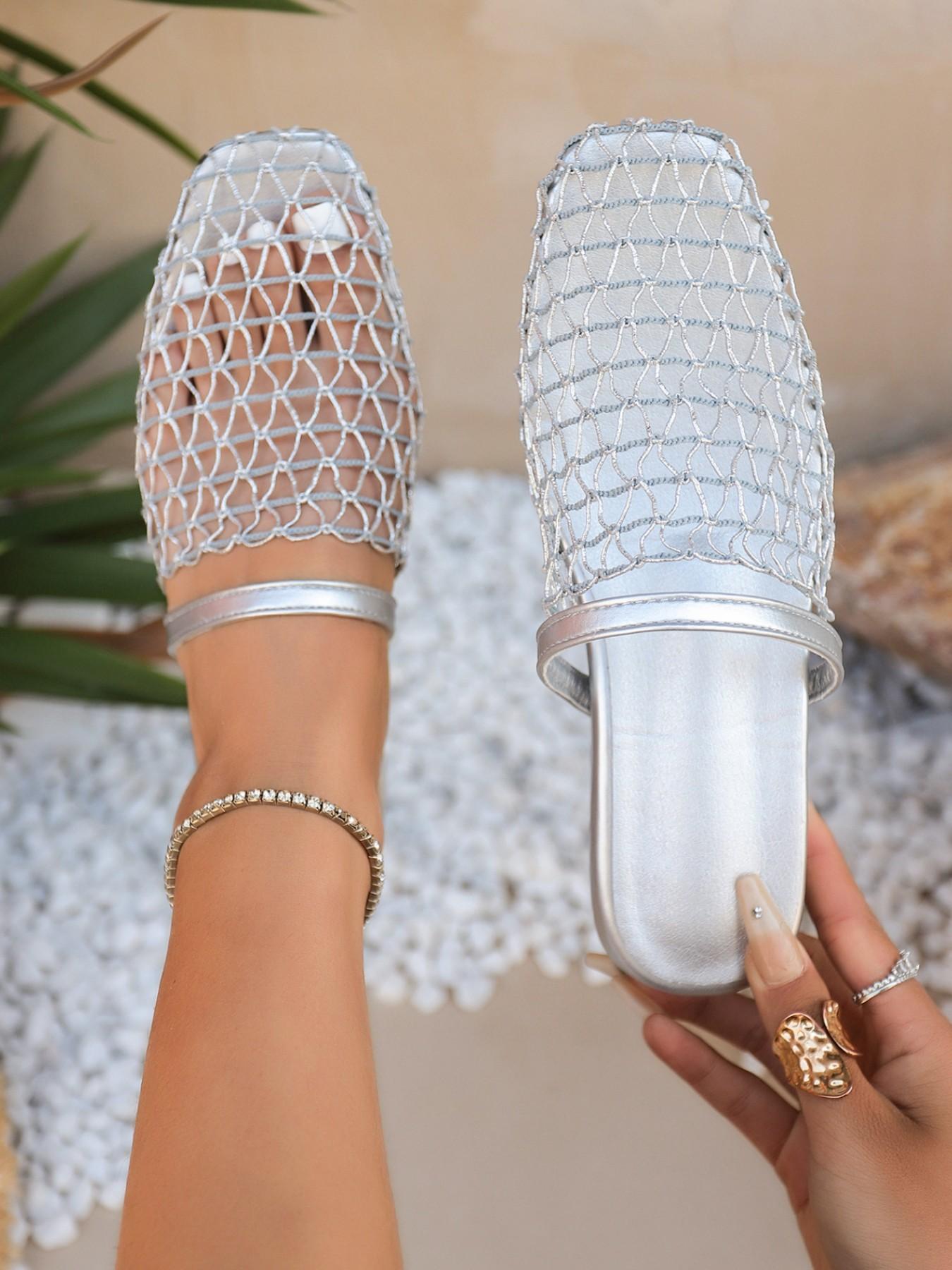 New European and American style bottom strap fishing net flat sandals, Roman shoes new hollowed out comfortable beach sandals, fashionable thick soled half slippers for women Unique Sandals