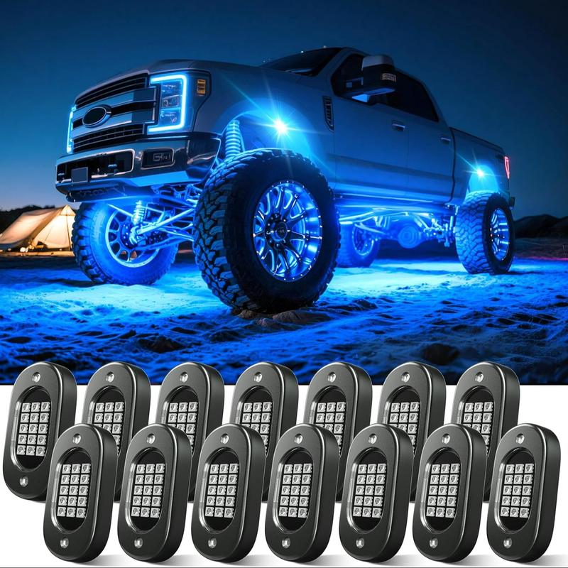 High-Quality RGB Car Rock Lights Underglow Pods (4/6/8/10/12/14) with Bluetooth-Compatible App Control, Multi-Color Neon Music Mode, IP68 Waterproof, Fit for Truck, ATV, UTV, RZR and SUV, Men's Car Lighting Gift