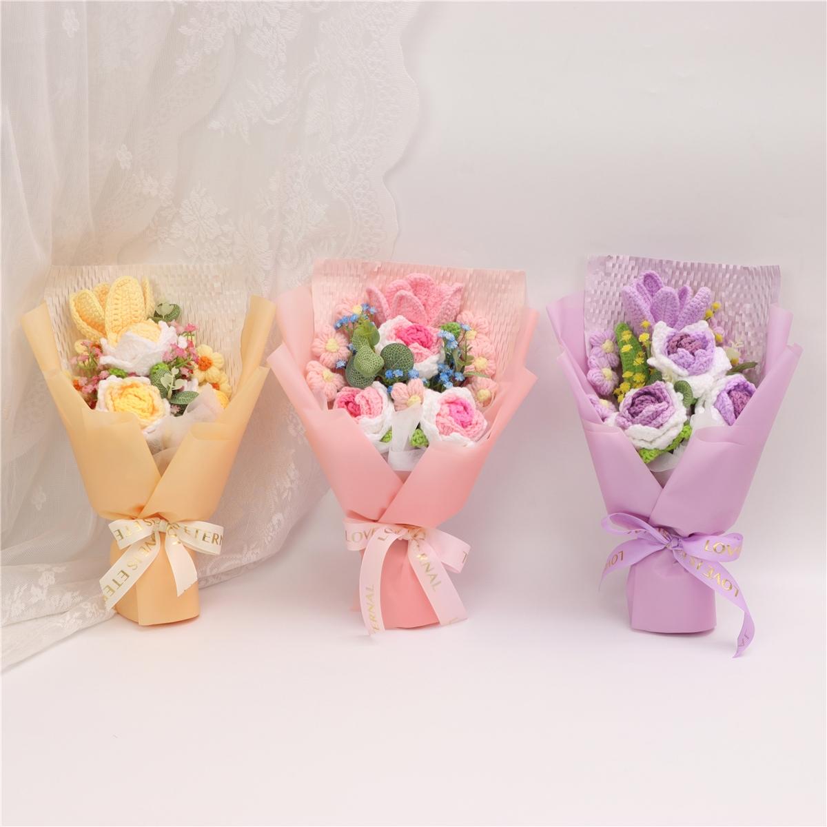 Handmade Crochet Rose Bouquet Yarn Knitted Fake Flowers, Christmas Mother's Day Valentine's Day Wedding Anniversary Gift