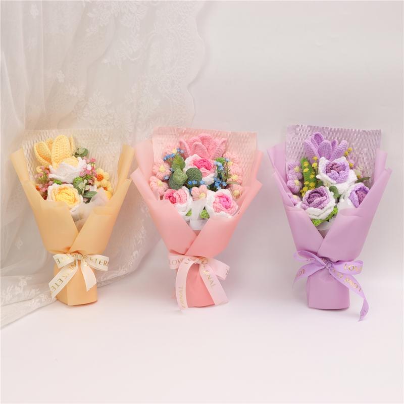 Handmade Crochet Rose Bouquet Yarn Knitted Fake Flowers, Christmas Mother's Day Valentine's Day Wedding Anniversary Gift