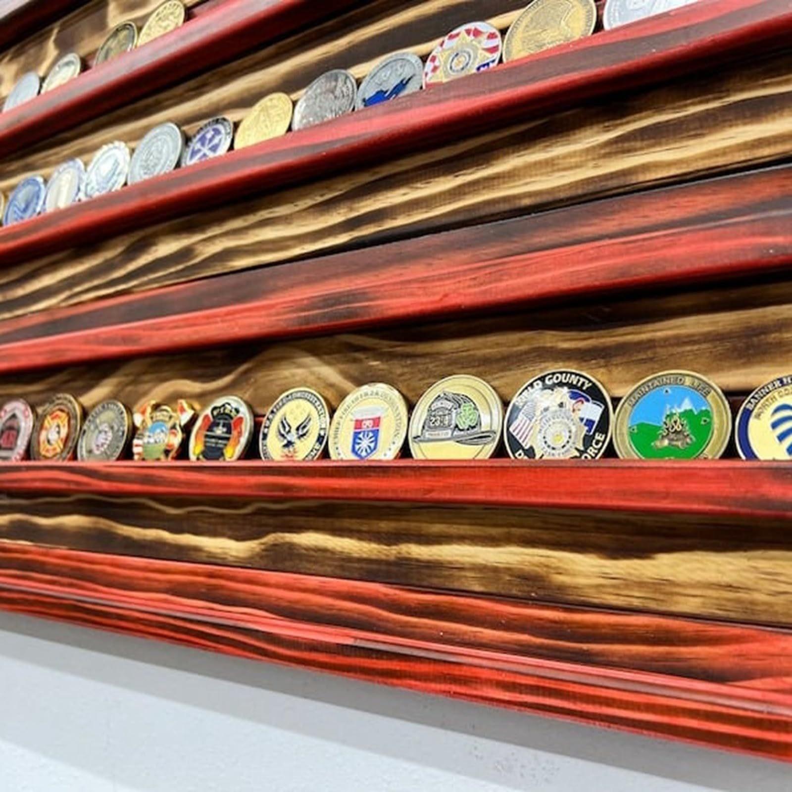 Unique Handcrafted Wooden American Flag Challenge Coin Display, Perfect for Firefighters, Police, and Military Enthusiasts