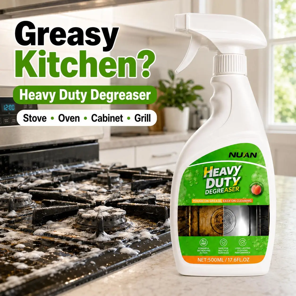 NUAN Heavy-Duty Multipurpose Degreaser Power Spray Cleaner - Household Grease Stain Remover, Oven & Grill Cleaner with Spray Nozzle & Towel for Grease, Home Cleaning Supplies