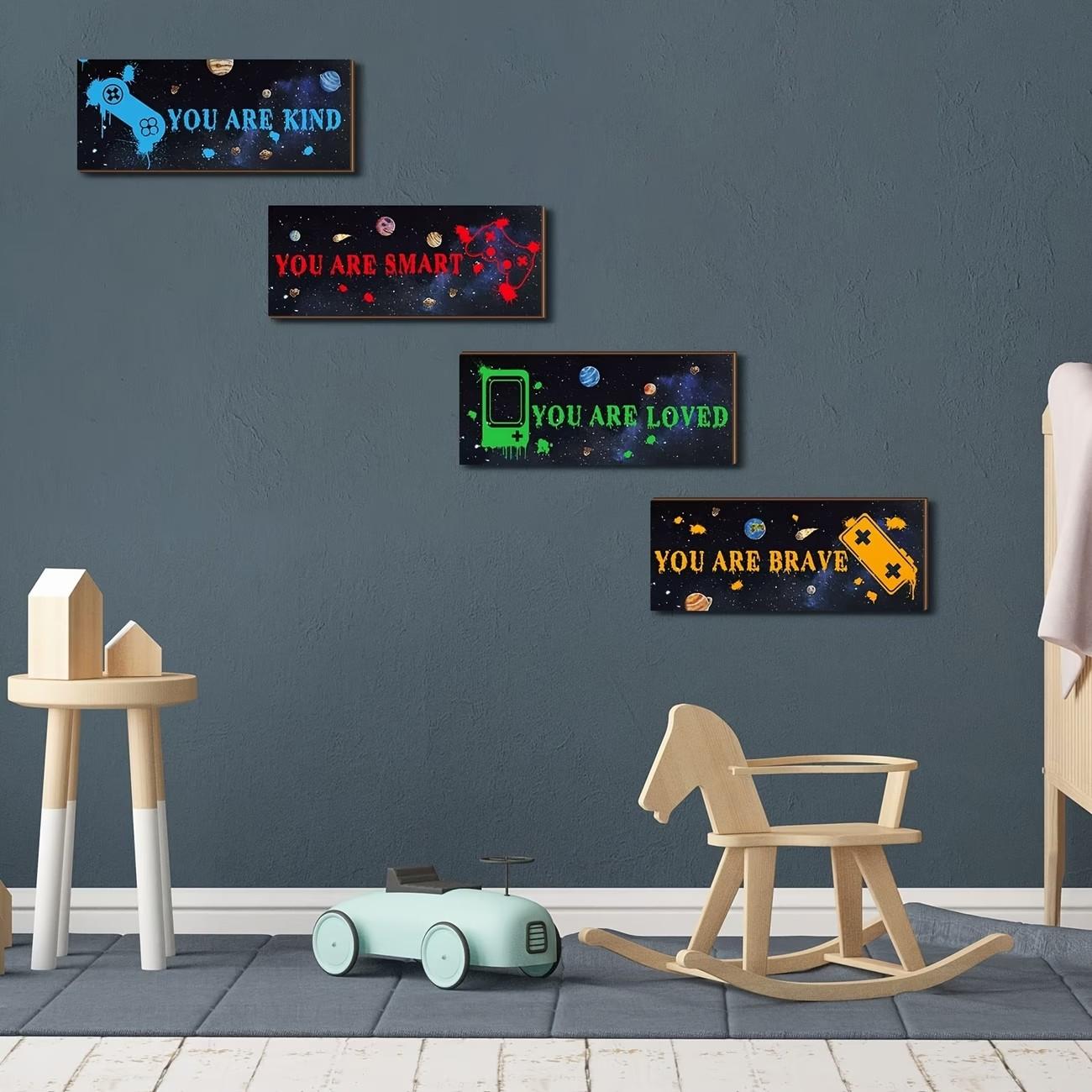 2D Flat 4-Piece Game Decor Set Wooden Wall Art Decoration for Boys, Gaming-Themed Inspirational, Controller and Gamepad Hanging Signs for Kids Rooms