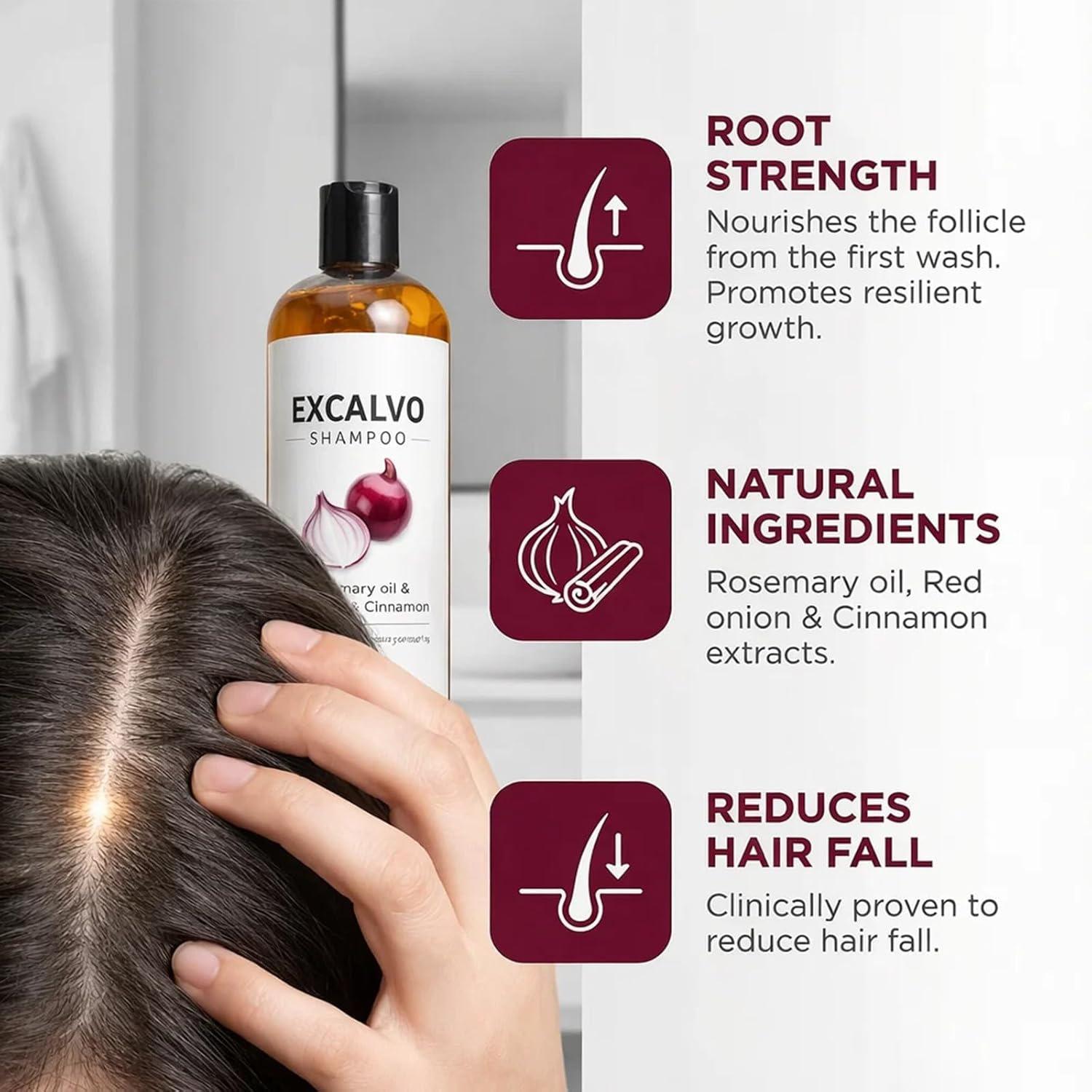 EXCALVO Shampoo, Onion Shampoo for Hair Growth, With Rosemary Oil, Red Onion, Cinnamon, Effectively Prevent Hair Loss |   Promotes Thicker Fuller Hair for Women and Men