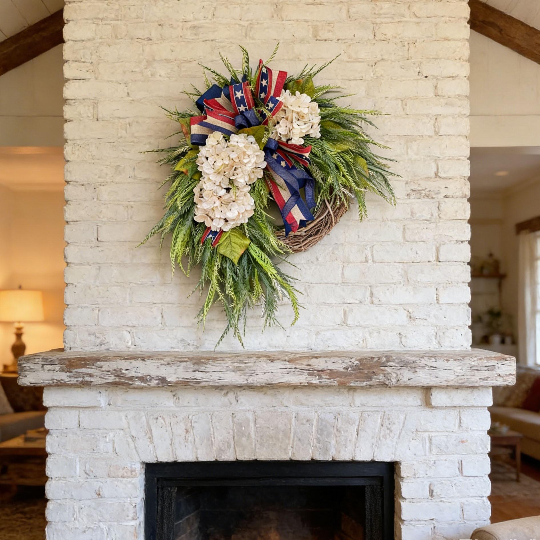 Independence Day Wreath Front Door Decoration, American Flag Bow Hydrangea Patriotic Wreath, Memorial Day Outdoor Porch Home Wall Decor