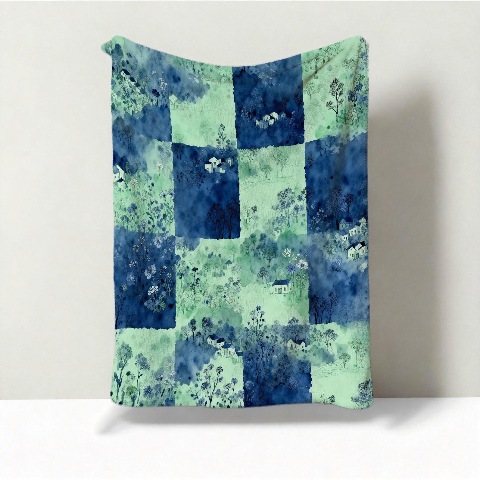 1 Piece Watercolor Landscape Checkered Blanket, HD Digital Single-Sided Printed Flannel Throw Blanket, Ultra Soft Cozy Blanket for Sofa, Bed and Travel, Aesthetic Decorative Gift Blanket