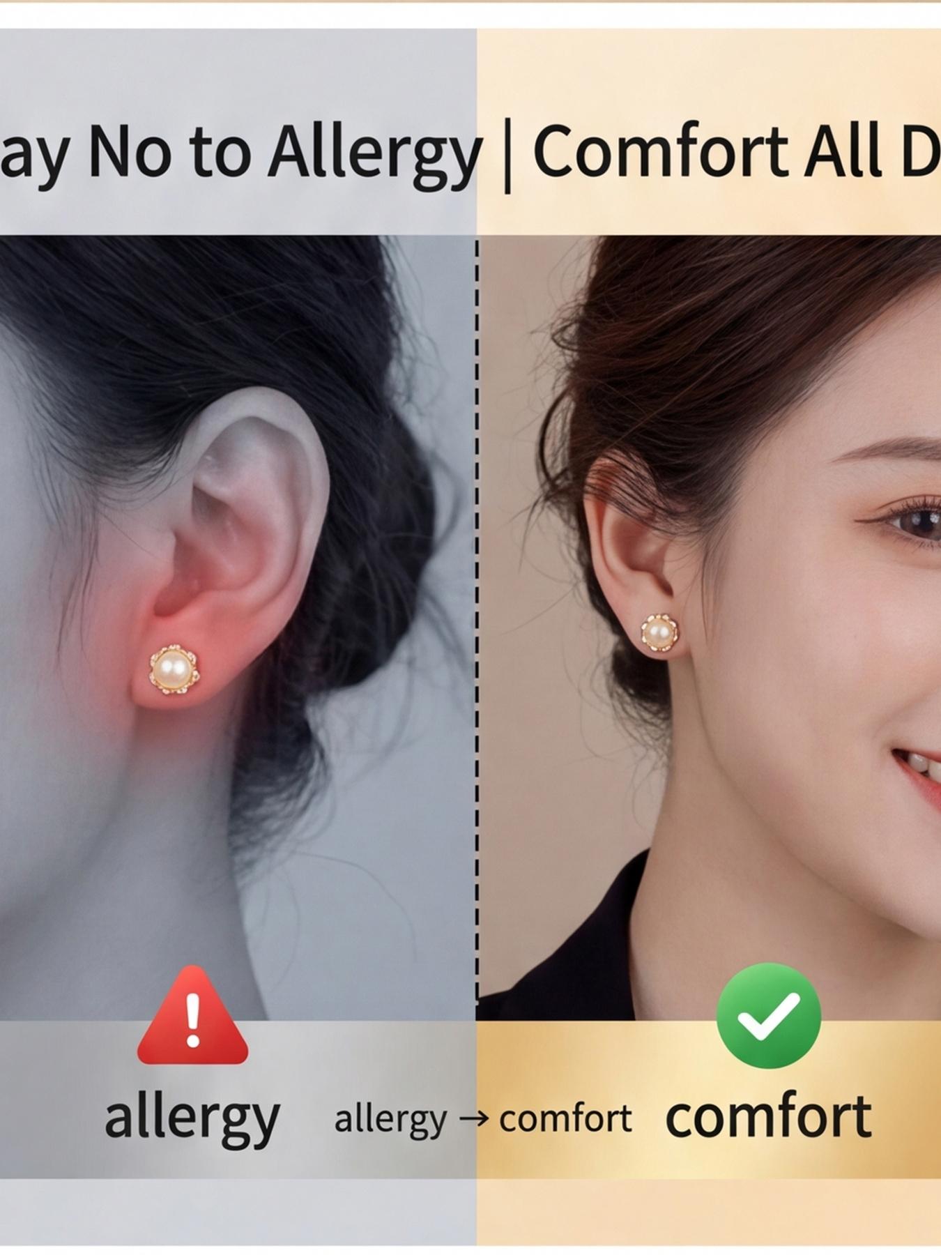 Women's Hypoallergenic Classic Champagne Pearl Stud Earrings, Gold Plated Flower Halo Rhinestone Inlaid Dainty Timeless Earrings, Fashion Jewelry for Everyday Wear Office Wedding & Gift