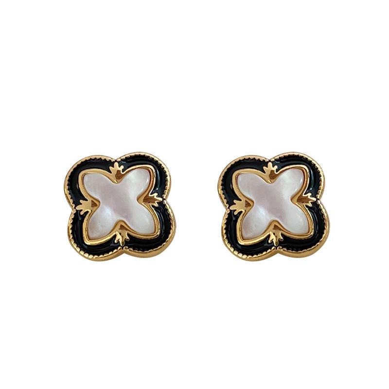 Minimalist Black Clover Drop Earrings 925 Silver Shell Lace Design Elegant Dripping Oil Fashion Jewelry for Women