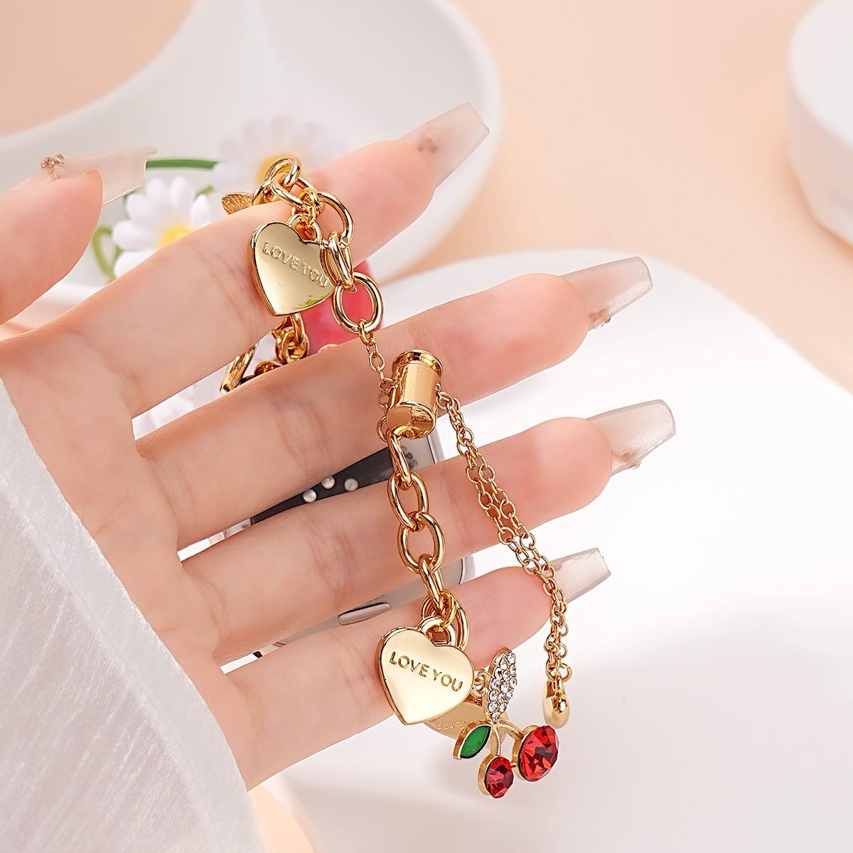 Women's Metal Chain Apple Watch Band, Heart Cherry Charm Bracelet Strap for Iwatch 38-49mm, Perfect Gift for Birthday & Valentine's Day