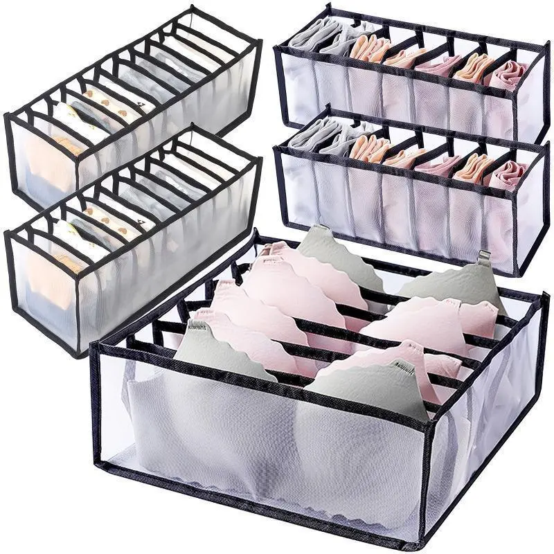 Women's 5-Pack Rectangular Foldable Nylon Bra & Underwear Organizer Boxes - 42-Cell Grid Drawer Inserts, Durable, Easy Insertion, Space-Saving Closet Storage for Organizing Undergarments, Socks, Hosiery