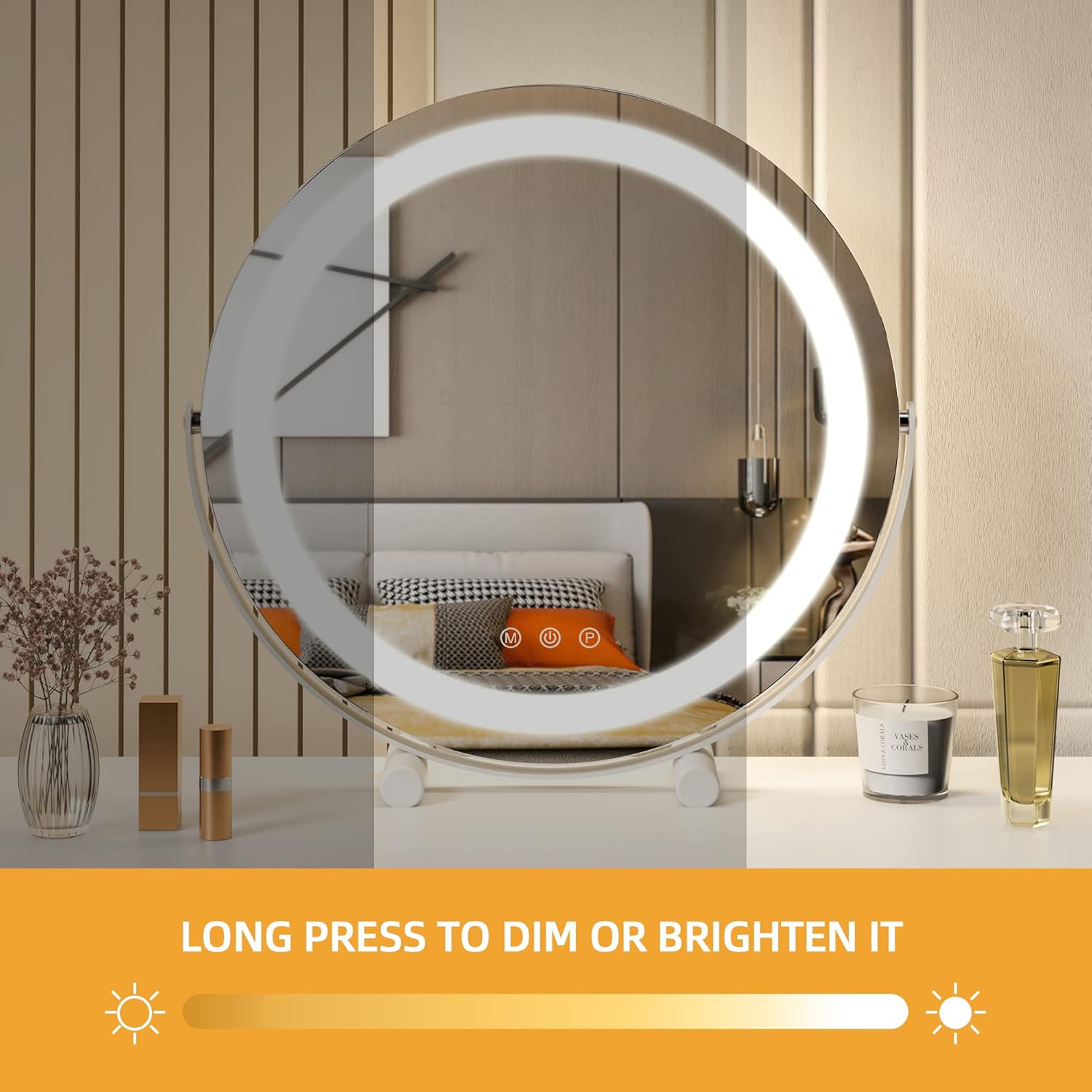 Anbuy 16'' Vanity Mirror with Lights, 3 Color Lighting Modes, 360° Rotation, Modern Frameless Round Mirror for Bedroom Tabletop