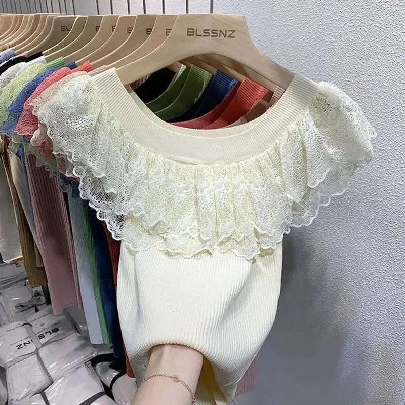 Off the Shoulder Lace Ruffle Knit Top Rib-Knit Bardot Neck Sweater Blouse Tops Women Spring Summer 2026 Lady Coquette Fairycore