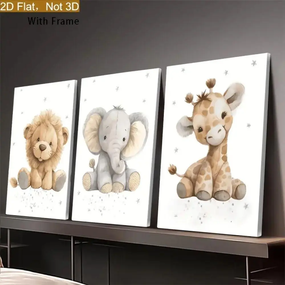 Cute Safari Animals 3 Piece Framed Wall Art Watercolor Lion Elephant Nursery Decor Baby Boy Girl Room Poster Set