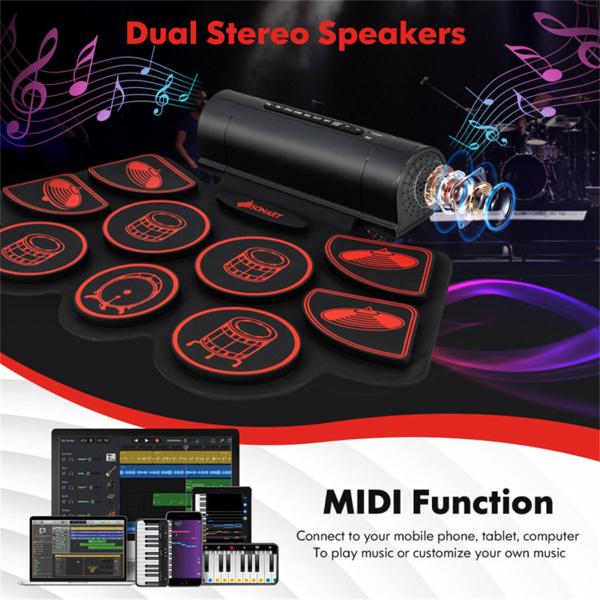 9-Pad Electric Drum Set for Beginners, MIDI USB Connection Dual Stereo Speakers Black+Red