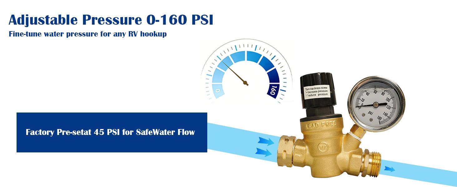RV Water Pressure Regulator, Adjustable Handle Brass Water Pressure Regulator, Water Pressure Reducer with Gauge and Inlet Screened Filter for RV Camper Travel Trailer