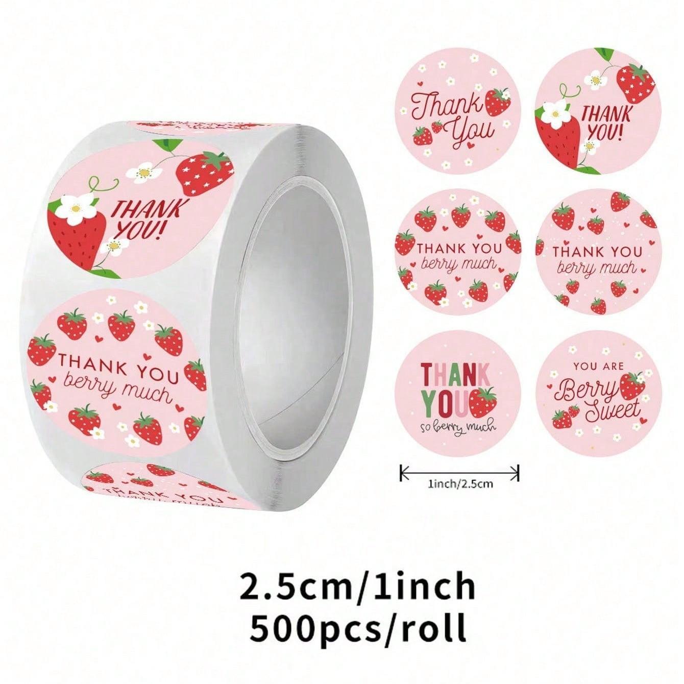 500 Sheets Strawberry Thank You Stickers, Non-Stick Seal Stickers, Fruit Decorative Stickers, Ideal for Birthday Gifts, Party Cakes, Back-To-School Season