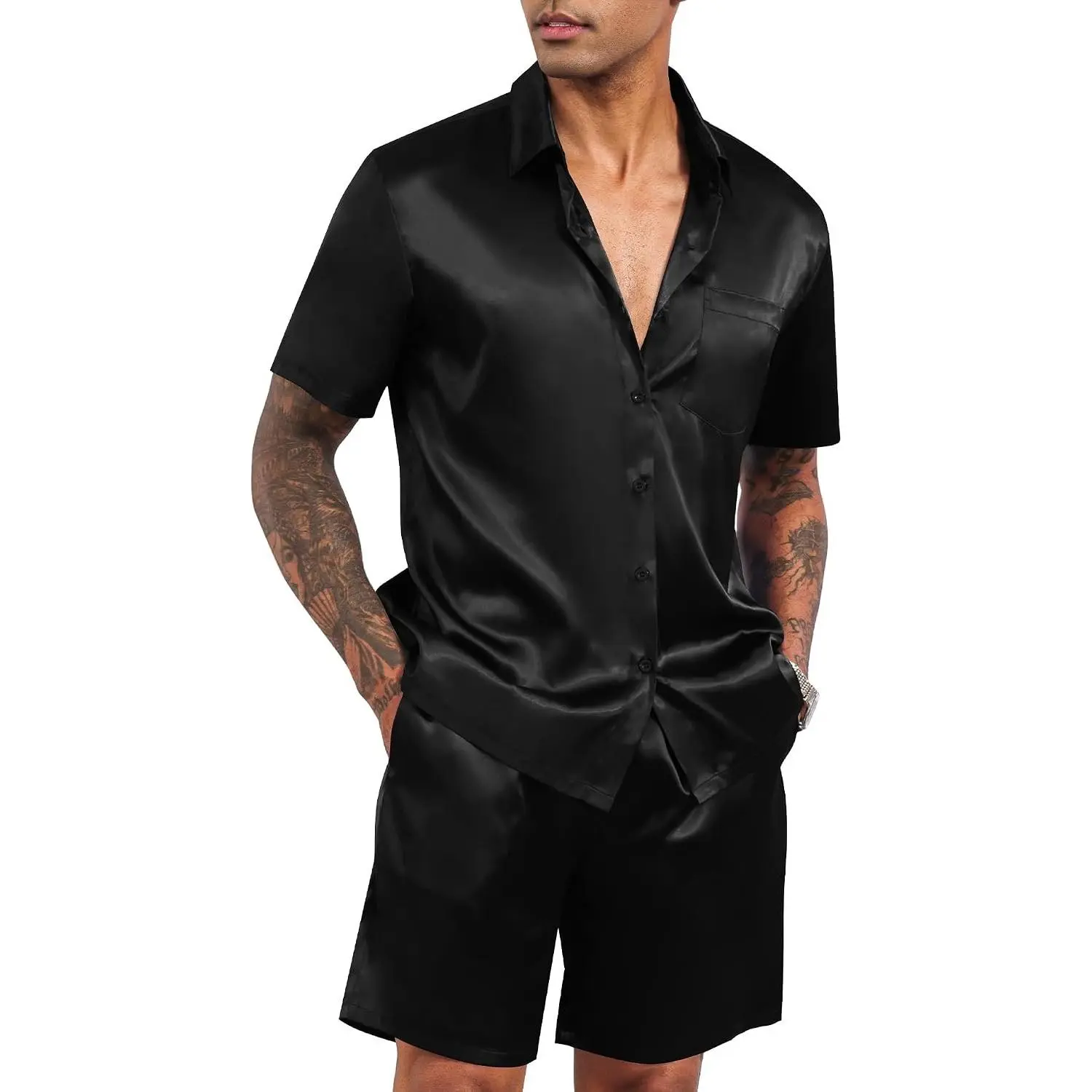 Men's Satin 2 Piece Outfits Lapel Shirt and Shorts Short Sleeve Button Down Tracksuit Luxury Set Prom Club Party