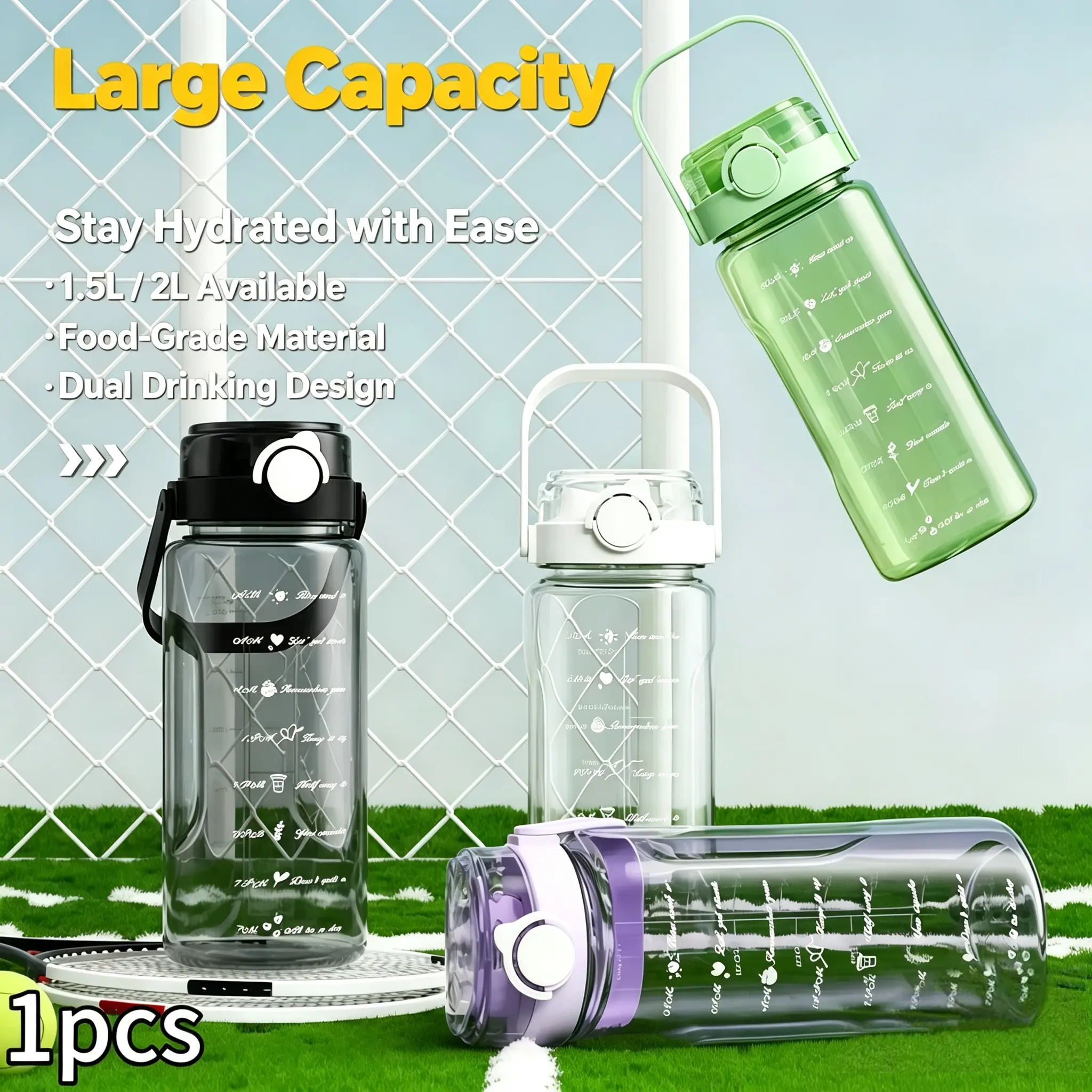 1.5/2L Sports Straw Water Bottle with Time Scale, Plastic Material, Summer Cold Drink Cup, Large Capacity Portable Travel Water Bottle