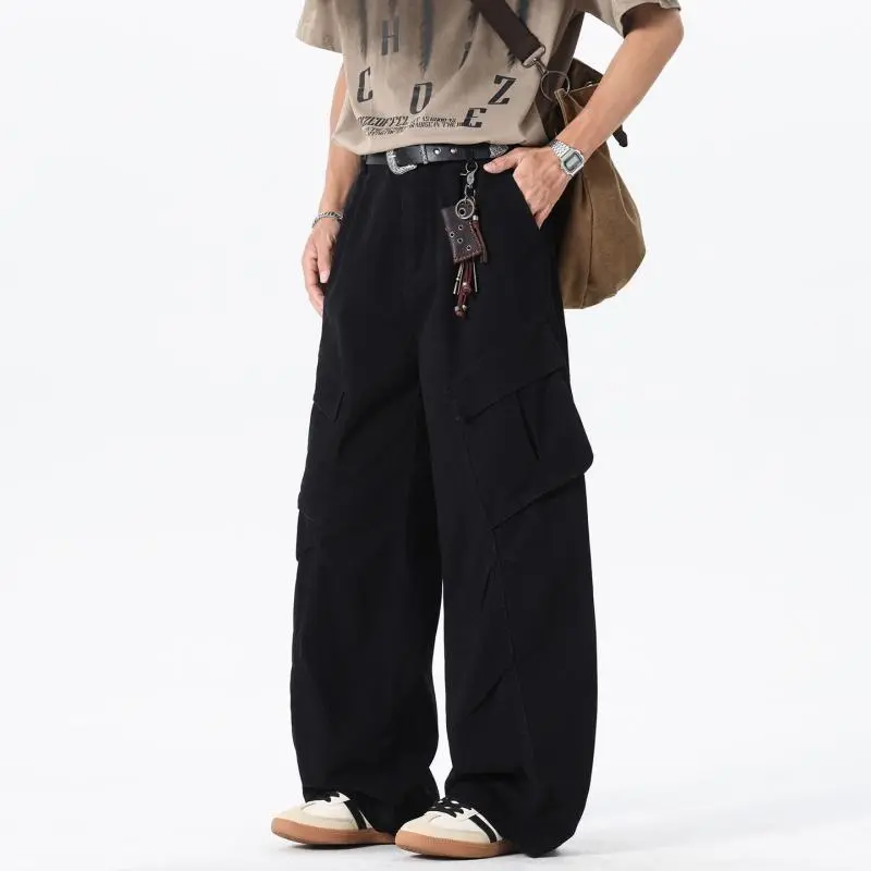 Men's Cotton Casual Wide-Leg Cargo Pants - Heavyweight Plain Button Clothes with Loose-Fitting Baggy Trousers, Large Flap Pockets for Streetwear, Athletic Outfits, Large Pockets, Retro, Outdoors, Solid, Straight Leg, Utility Pocket