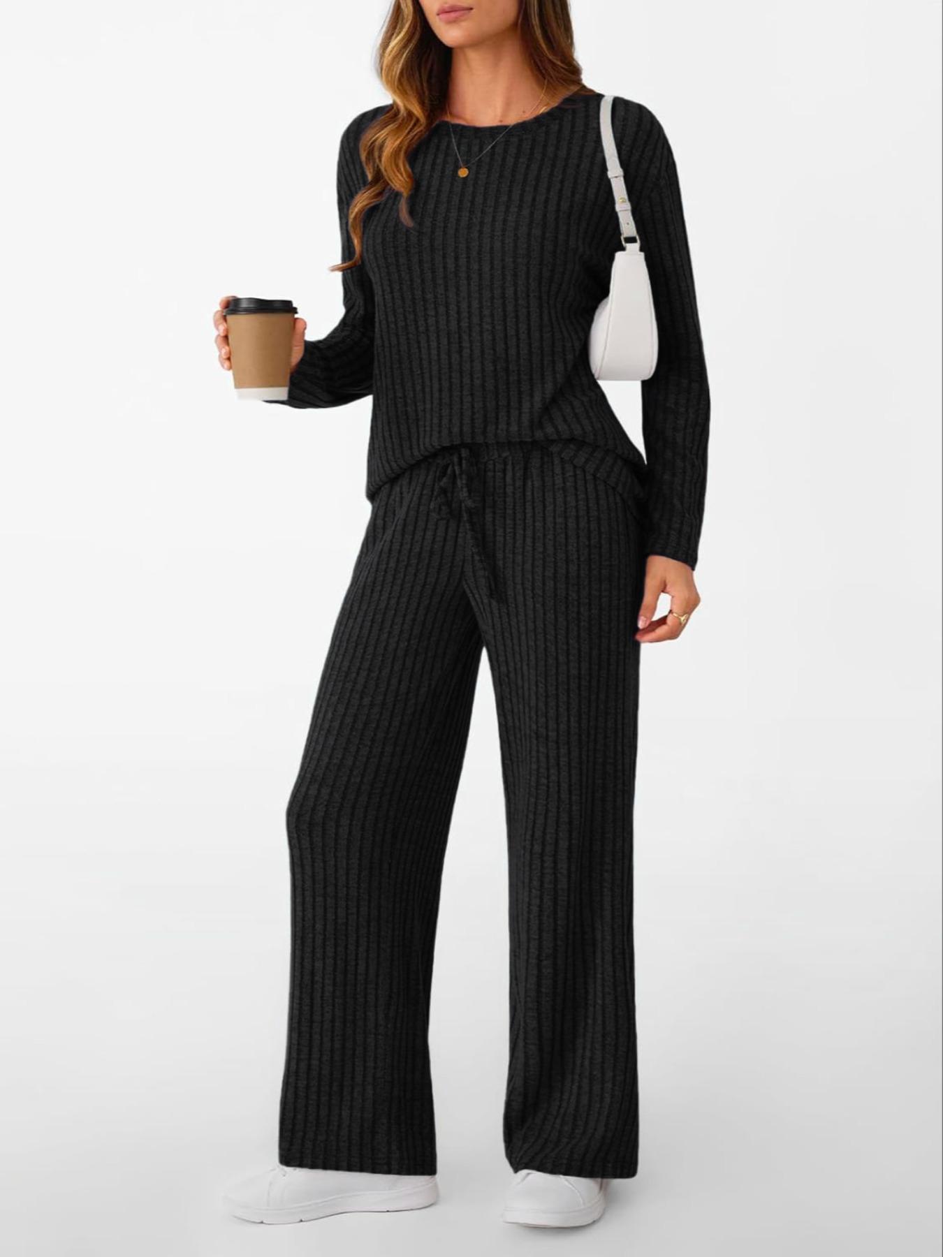 Womens Lounge Sets 2 Piece Matching Pajamas Fall Fashion 2025 Ribbed Knit Outfits Long Sleeve Casual Sweatsuits