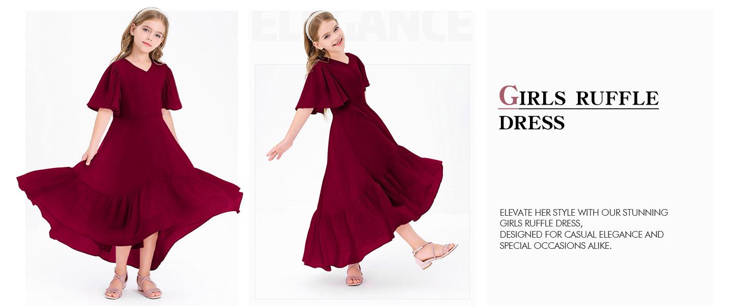 Haloumoning Girls Ruffle Dresses Short Sleeve Junior Bridesmaid Party Dress | Casual, A Line, V Neck, Flowy, High Low, Formal, Maxi Long Dress for Girls