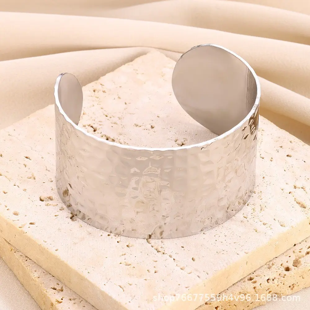 Silver geometric embossed wide open bracelet