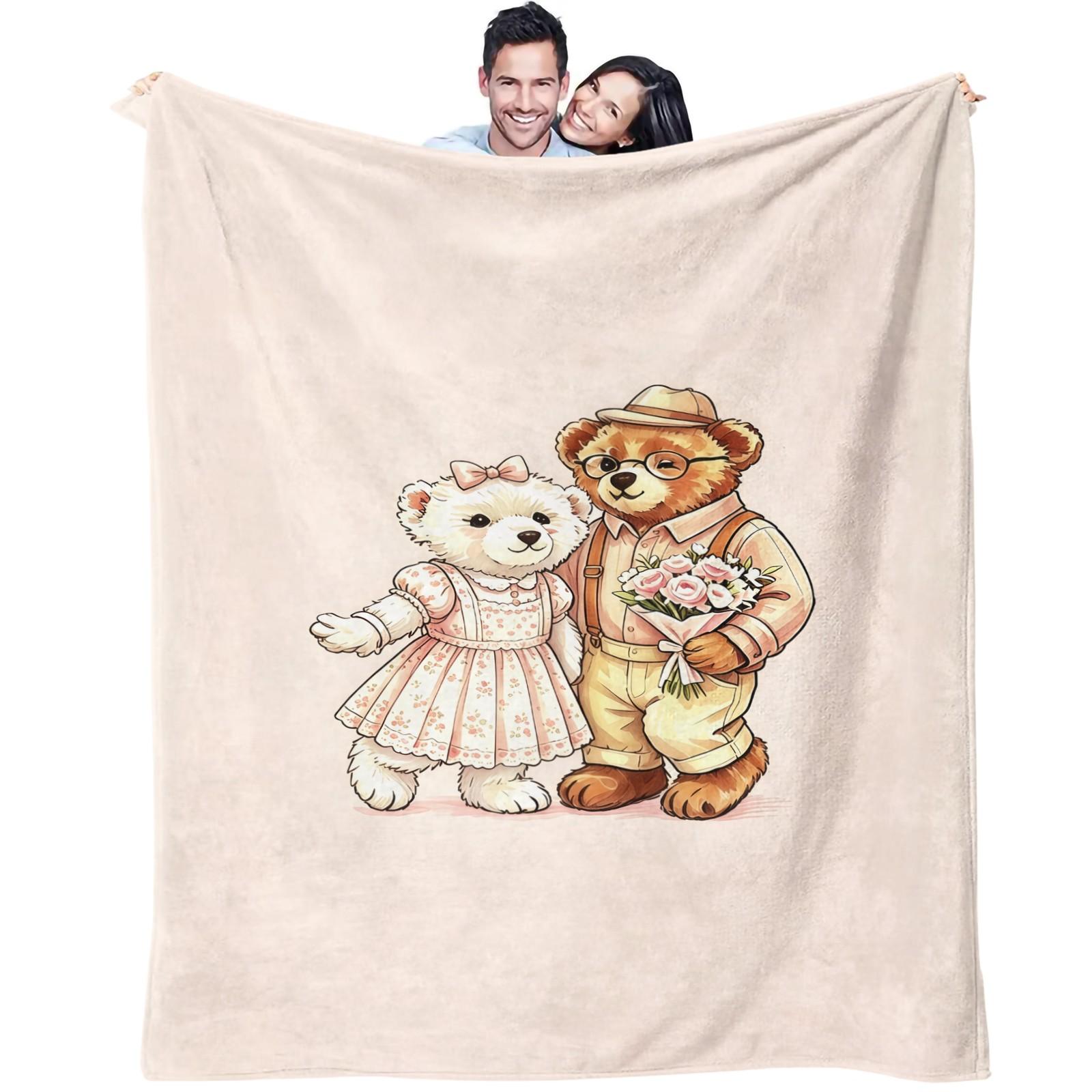 Cute Couple Bear Throw Blanket, Soft Skin-Friendly Plush Fleece, Lightweight Cozy Blanket for Couch Bed Office, Sweet Romantic Bear Print, for Girls Teens Women, All Seasons, Aesthetic Room Decor, Perfect Gift
