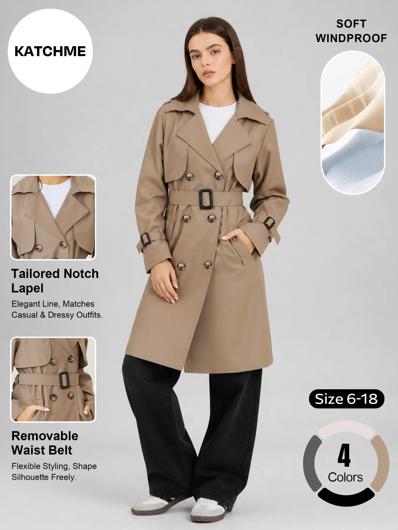 Women's Elegant Double-Breasted Detachable Belt Coat, Fall Winter Asymmetrical Lapel Side Pocket Long Sleeve Outerwear, Lightweight Windproof Jacket