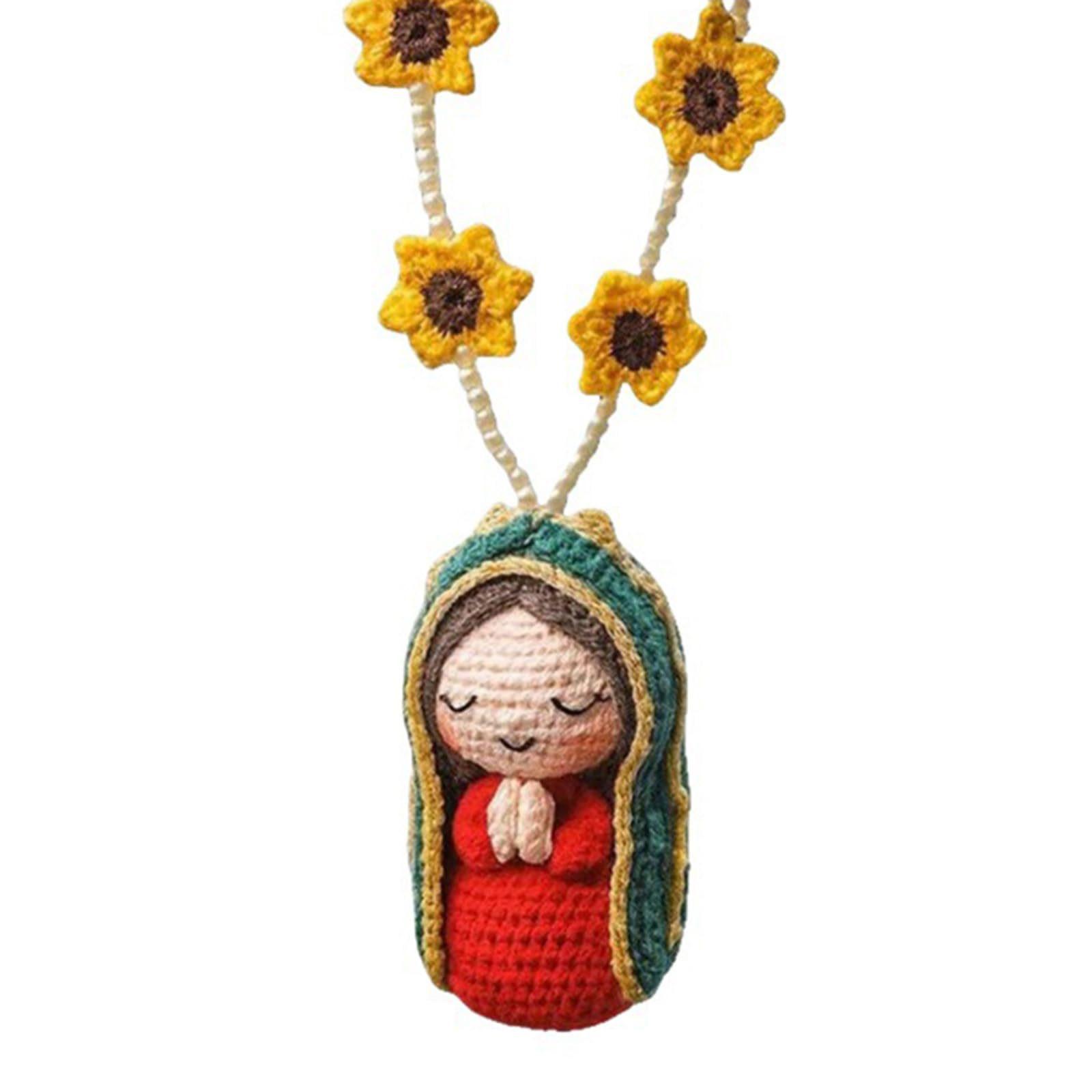 Maria Doll Sunflower Yarn Handmade Knitted Portrait Rearview Mirror Puppet Hanging Hook Gift, Unique Crafted Decoration Item