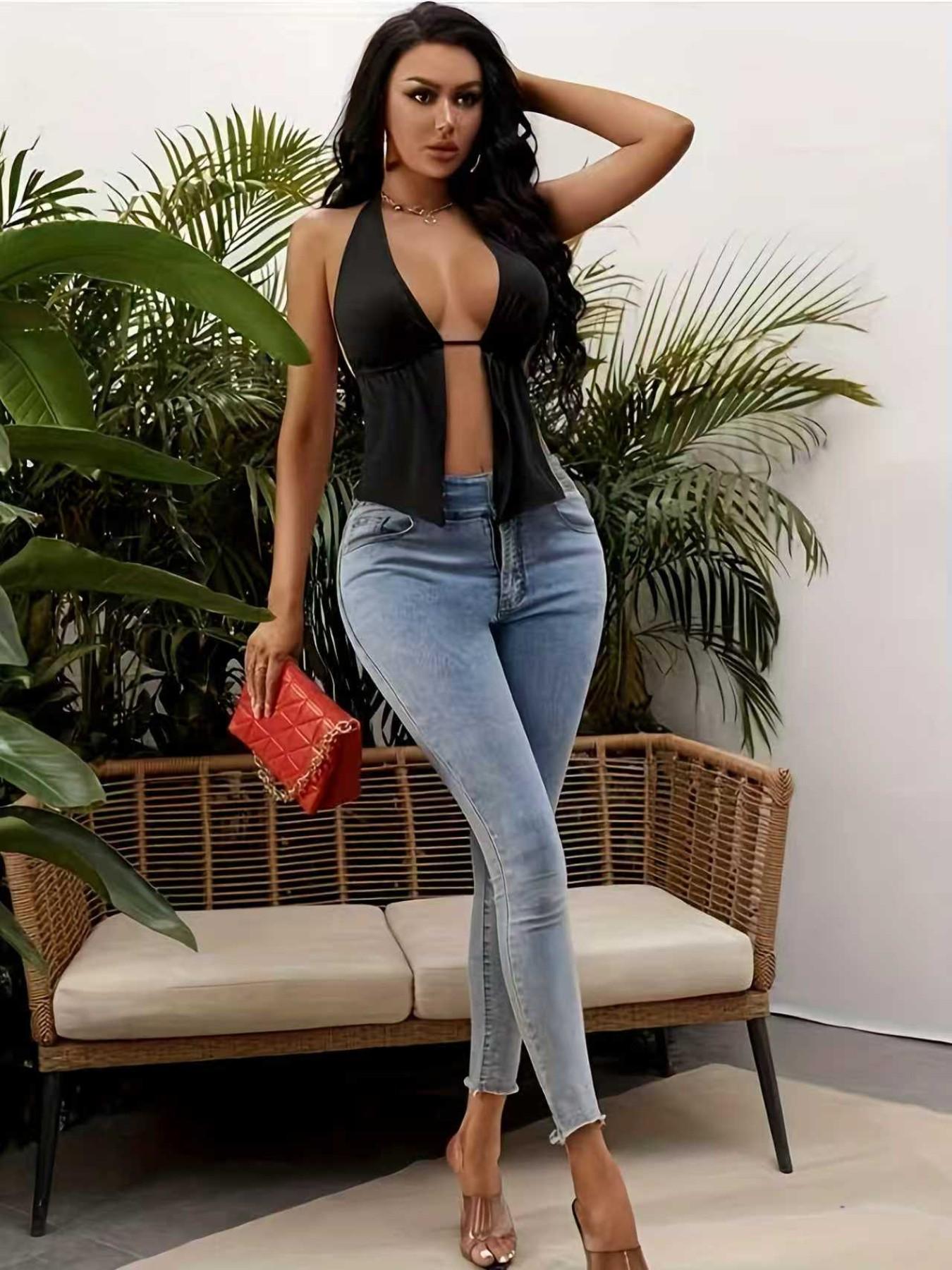 Backless Halter Top, Sexy Backless Design, Elegant Style, Perfect for Parties & Events, Women's Fashion Clothing