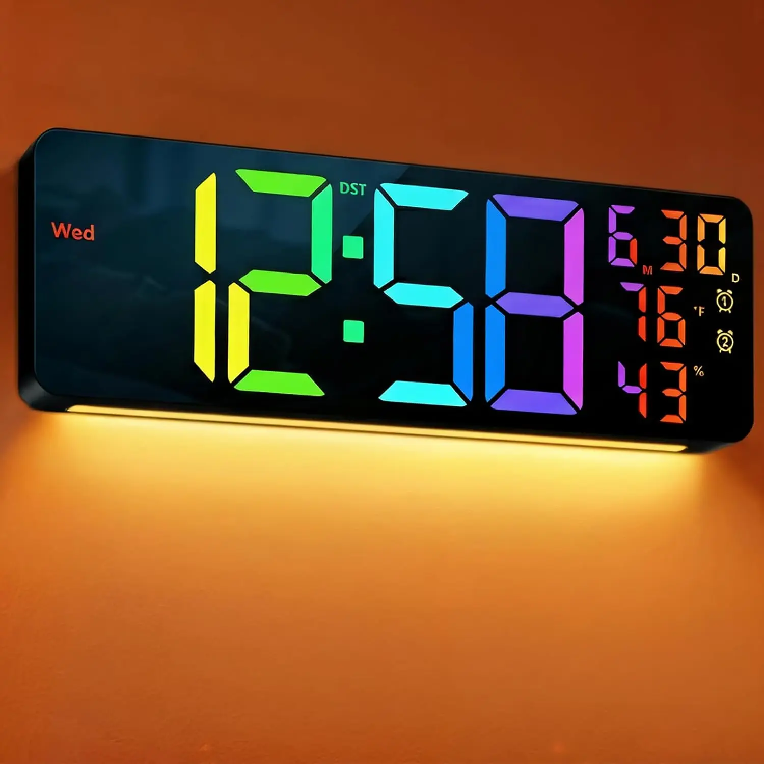 17.3" Large Digital Wall Clock,11 RGB Color Display,Auto-DST, Remote | RGB night light,10 dimming levels,large display for time,dateand temp,Ideal plug-in wall clock for living room and seniors