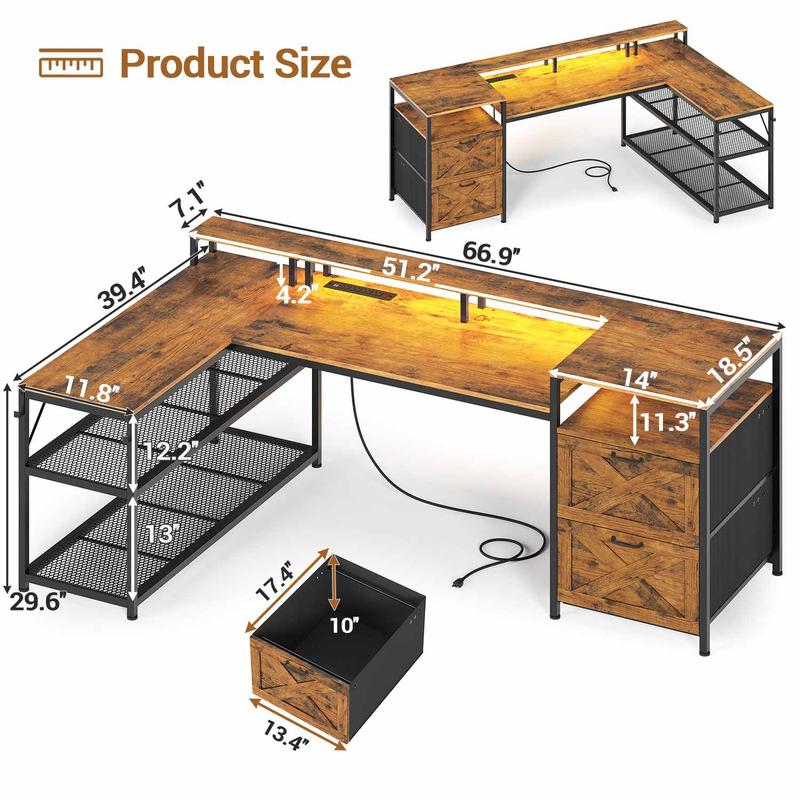 SEDETA 67" L Shaped Desk with Drawers, Computer Office Desk with Storage Shelves & Power Outlet, Reversible Gaming Desk with LED Lights for Home Office