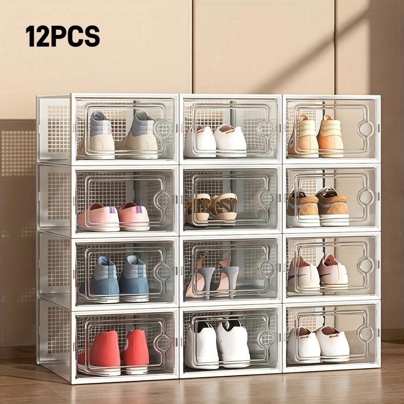 12-Piece thickened transparent shoe box with flip cover, foldable shoe rack stackable shoe rack, free combination, plastic sneaker container, space-saving storage space
