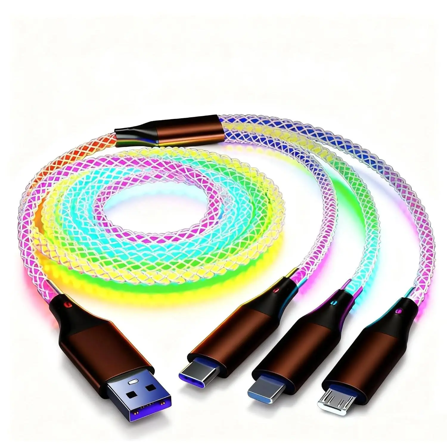 100W 3-in-1 Colorful LED Glowing    with RGB Glowing Lights [4ft/1.2m] [USB-C,  USB, ]