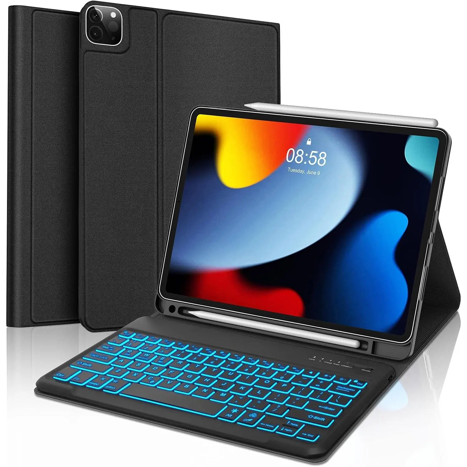 Keyboard Case for iPad Pro 12.9-inch 3rd/4th/5th/6th Gen (2018~2022), Detachable Keyboard for iPad Air 13 inch M4 2026/M3 2025/M2 2024, 7 Colors Backlit,  Folio Keypad with Pencil Holder, Black