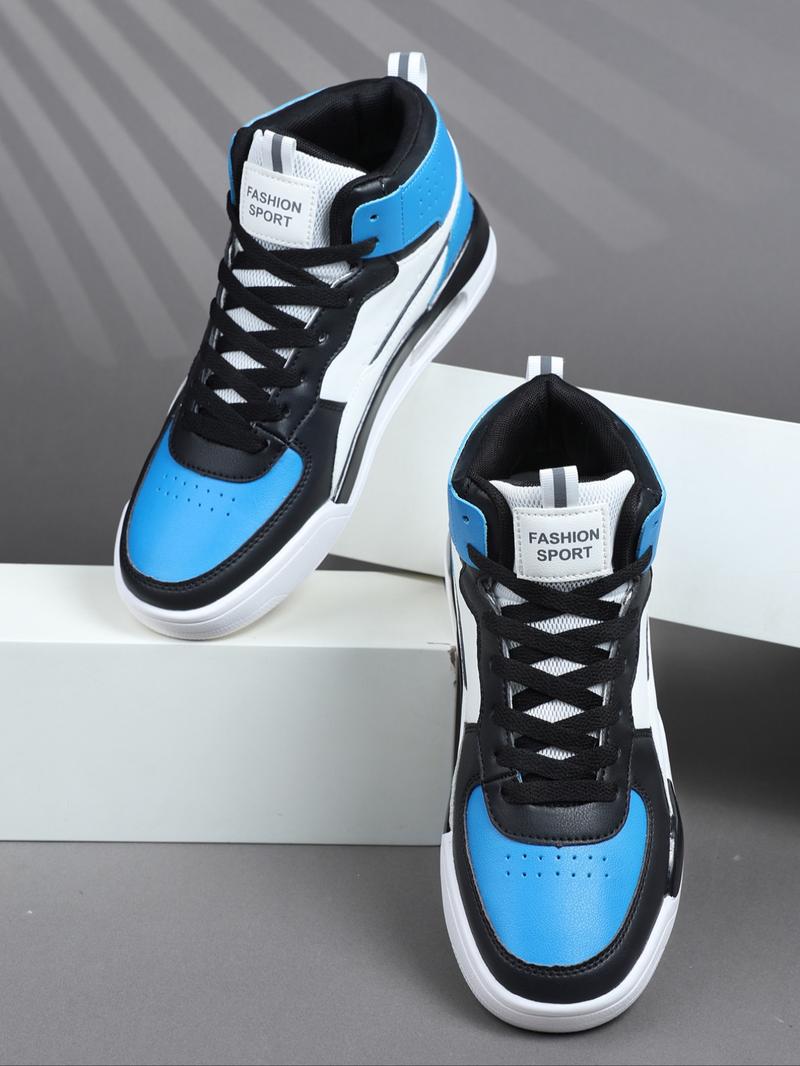 High Top Men's Stylish Basketball Shoes, Casual, Comfortable Breathable Lace-Up, Air Cushion Sole, Patchwork Design, PU Leather, All Seasons