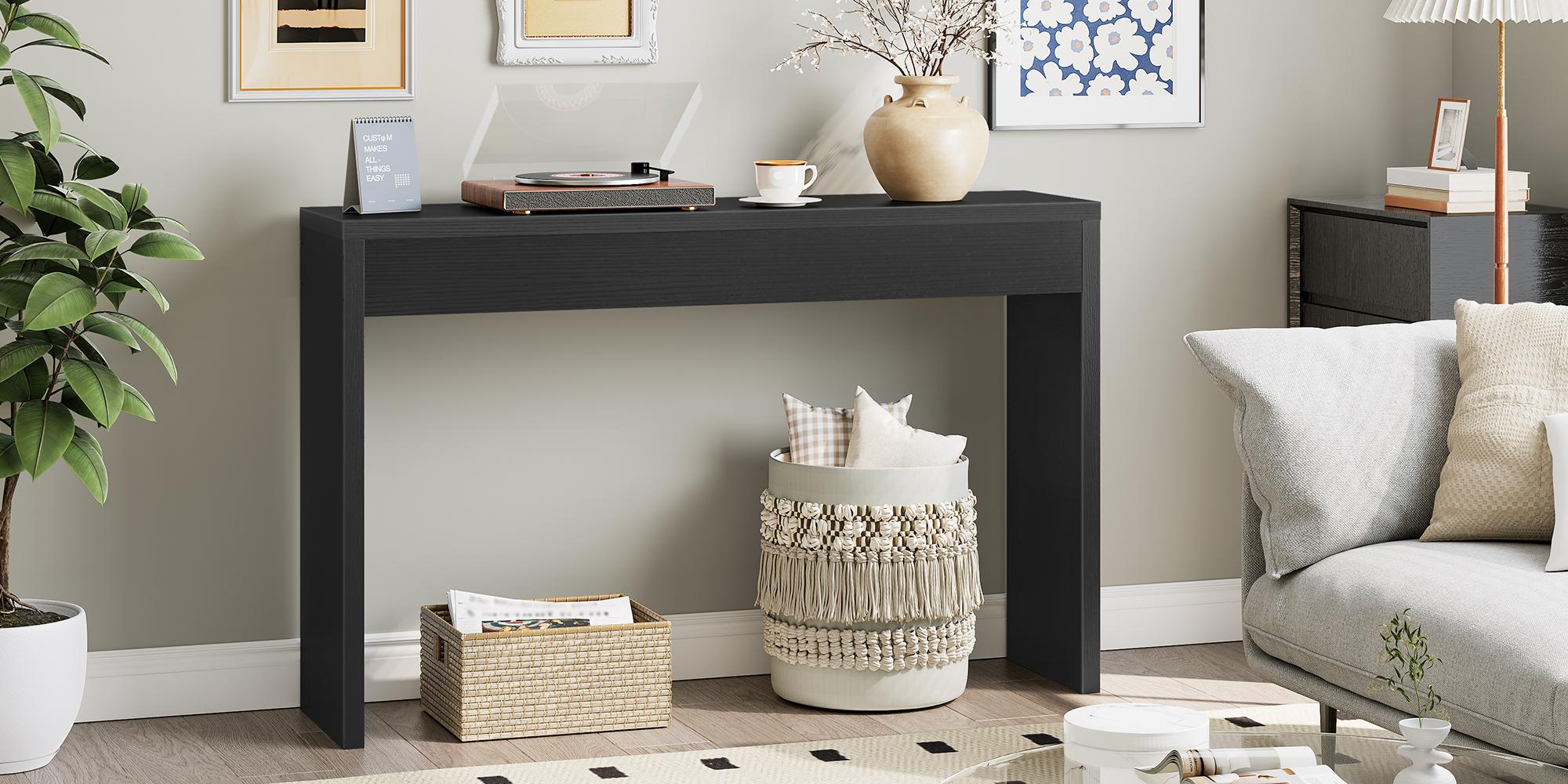HOOBRO 47.2” Accent Console Table with Front Apron, Minimalist Style Entrance Table, Open Storage Sofa Table for Entrance, Hallway, Living Room, Bedroom, Dining Room, Corridor, Black