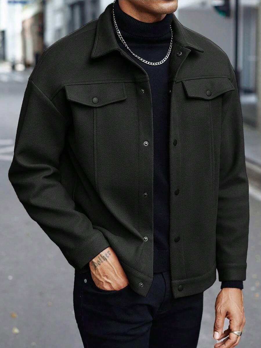 Men's Plain Color Flight Jacket for Autumn and Winter, Classic Stand-up Collar Design with Single-row Button Closure, American Vintage Coat, Back-to- Jacket, Motorcycle Suit. Casual Fashionable Jacket Workwear Jackets Casual Fitted Jackets Collared Jacket
