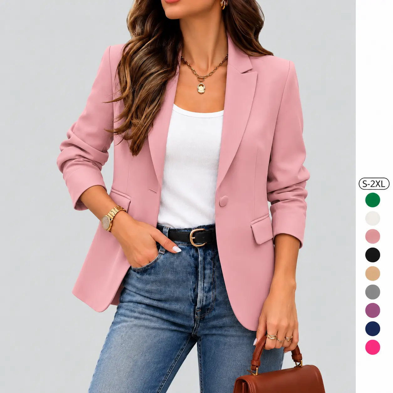 Imily Bela Womens Long Sleeve Blazers Casual Lapel Work Button Office Jacket Chic Soft Fitted Medium Length Solid Color Basic Blazers Coats for Women's Business Outfits