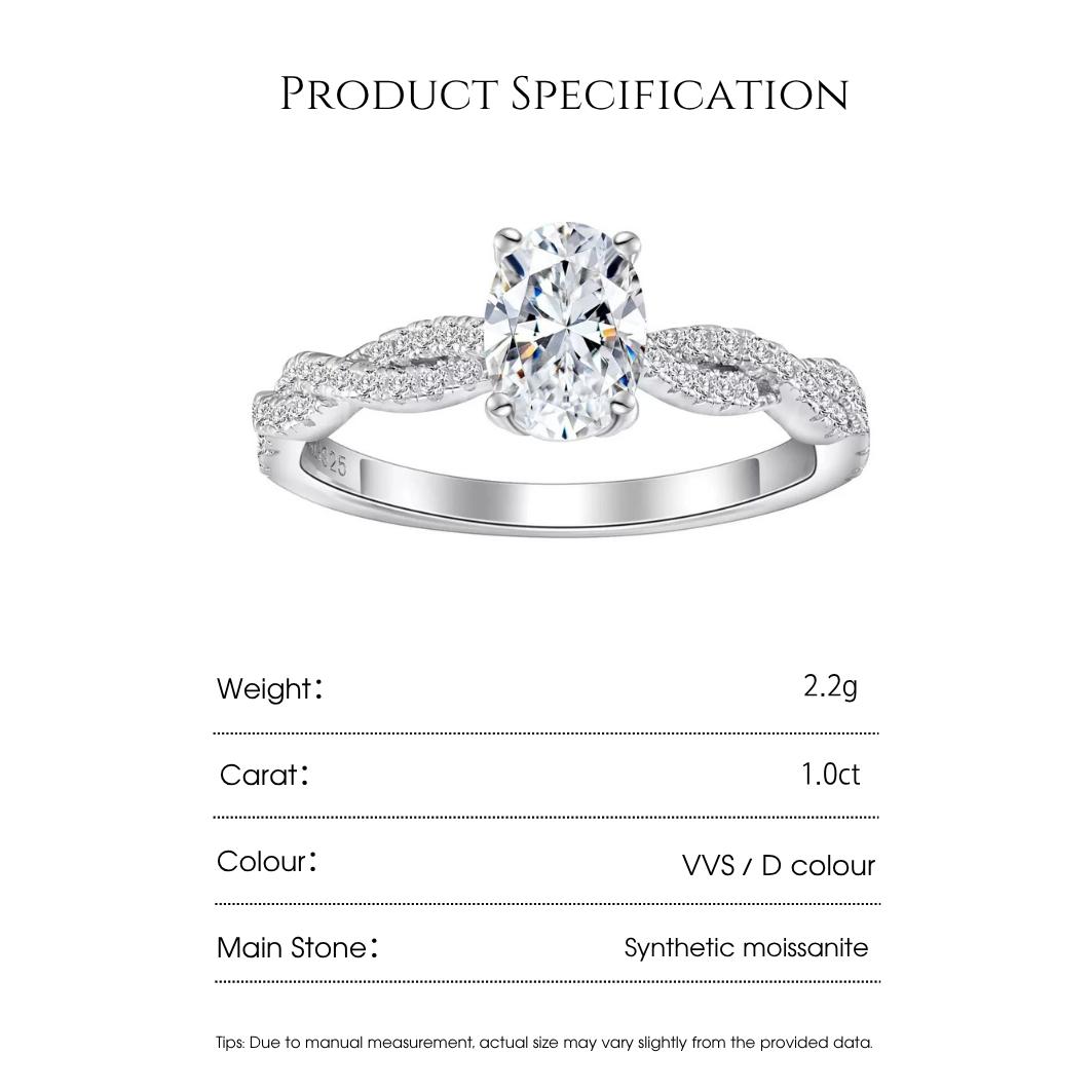 DRINSPER Twisted Oval S925 1.0ct Dvvs Synthetic Moissanite Sterling Silver Ring for Women Girls Suitable for Engagement Chrismas Gift for Girlfriend Jewelry Accessory