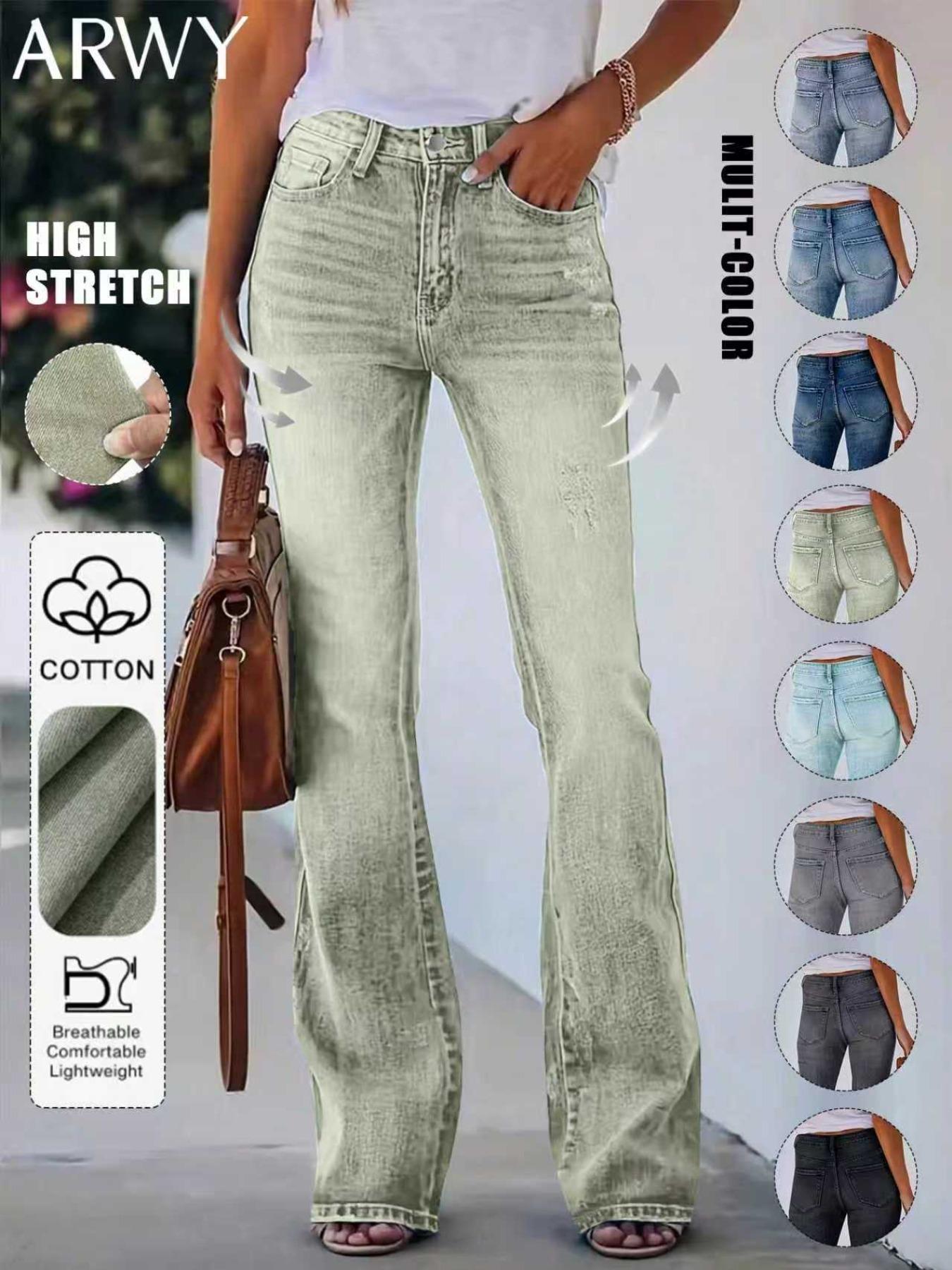 Women's Gradient-Color Slim-Fit Bootcut Jeans with Button, Fashion Mid-Rise Stretchy Washed Denim Pants, Bohemian Style for All Seasons